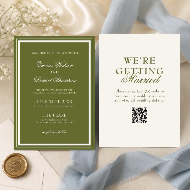 Elegant Olive Green QR Code Wedding Invitation (Elegant olive green QR code wedding invitation blends timeless style with easy access.)