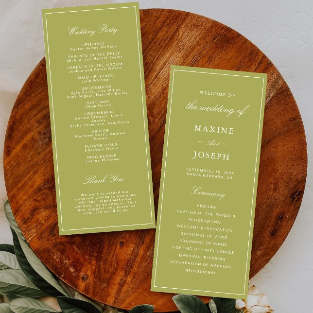 Elegant Olive Green Script Wedding Programme (Elegant olive green wedding programs keep guests engaged with a polished, timeless touch.)