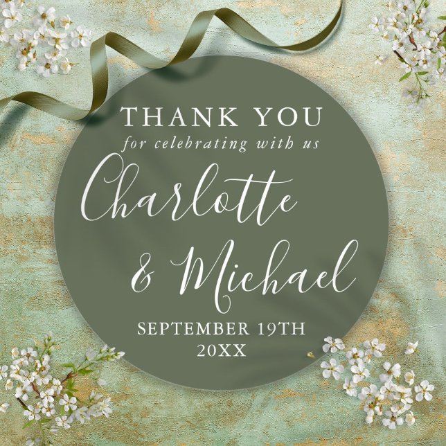 Elegant Olive Green Signature Script Thank You Classic Round Sticker (Elegant Olive Green Signature Script Thank You Classic Round Sticker)
