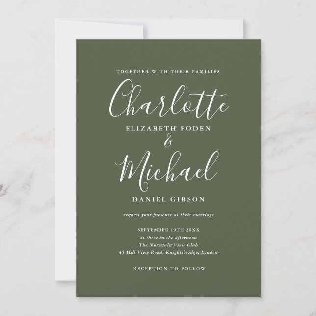 Elegant Olive Green Signature Wedding Invitation (Front)