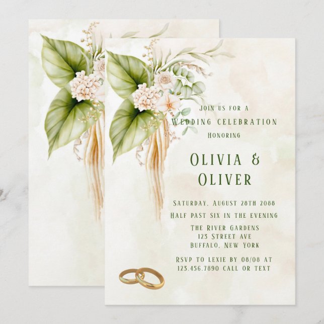 Elegant Olive Green Tropical Florals Wedding Invitation (Front/Back)