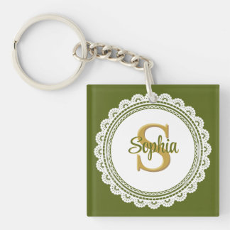 Elegant Olive Green Vintage Lace Monogram Name Key Ring