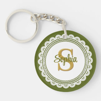Elegant Olive Green Vintage Lace Monogram Name Key Ring