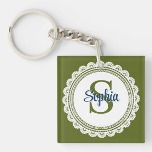 Elegant Olive Green Vintage Lace Monogram Name Key Ring