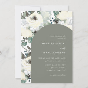 Elegant Olive Green Watercolor Floral Arch Wedding Invitation