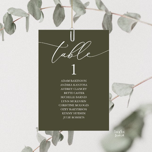 Elegant Olive Green Wedding Table Seating Chart Number (Elegant Wedding Dinner Table Hanging Seating Chart Card, with Table Number Guest Names Olive Green)