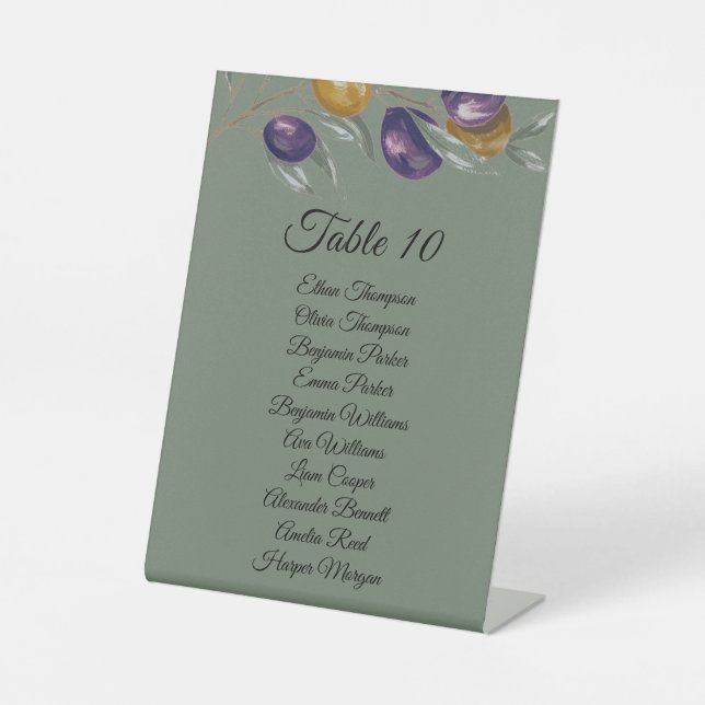 Elegant Olive Green Wedding Table with Names Pedestal Sign (Front)