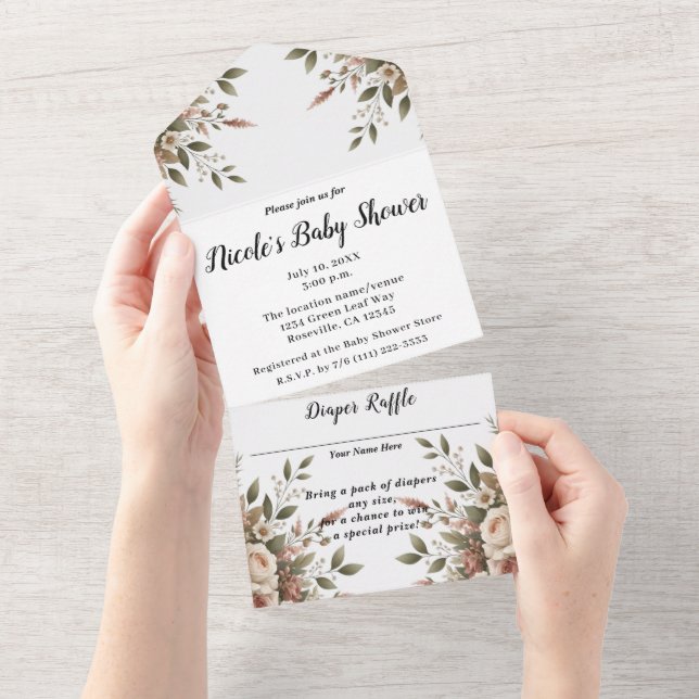 Elegant Olive Green & White Floral Baby Shower All In One Invitation (Tearaway)