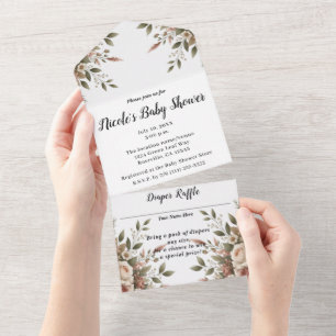 Elegant Olive Green & White Floral Baby Shower All In One Invitation