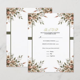 Elegant Olive Green & White Floral Corner RSVP Invitation