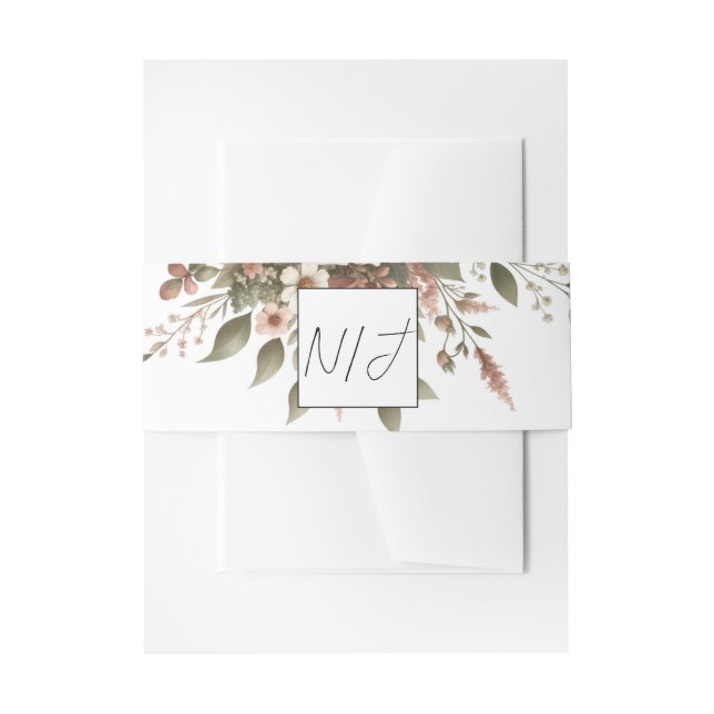 Elegant Olive Green & White Floral Corner Wedding  Invitation Belly Band (Front Example)