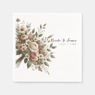 Elegant Olive Green & White Floral Corner Wedding  Napkin