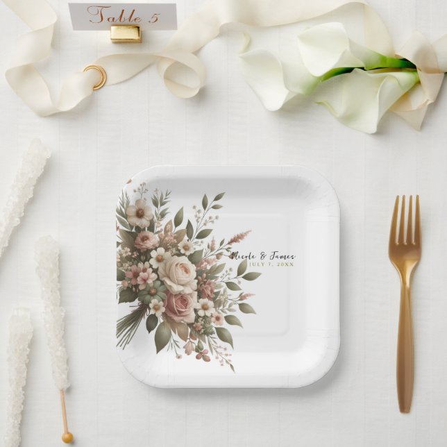 Elegant Olive Green & White Floral Corner Wedding  Paper Plate (Wedding)