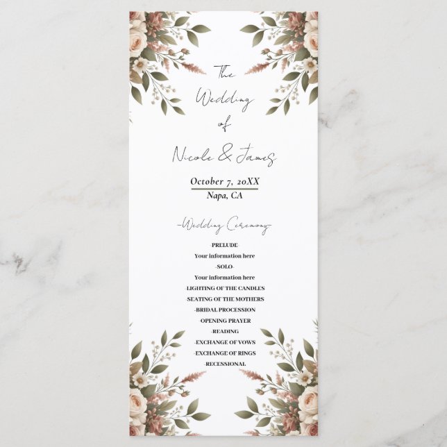 Elegant Olive Green & White Floral Corner Wedding  Programme (Front)