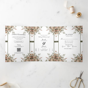 Elegant Olive Green & White Floral Corner Wedding  Tri-Fold Invitation