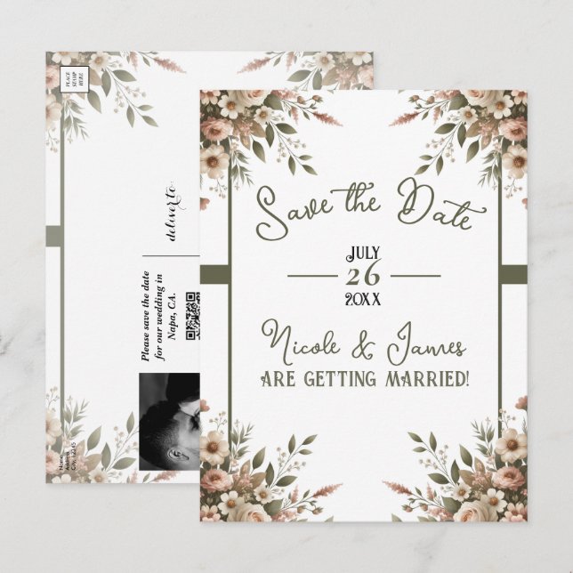 Elegant Olive Green & White Floral Save the Date Announcement Postcard (Front/Back)