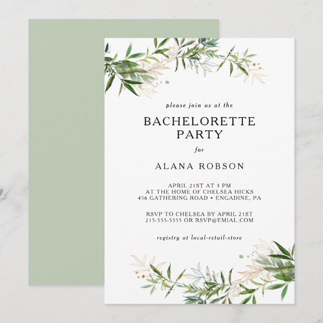 Elegant Olive Greenery Bachelorette Party Invitati Invitation (Front/Back)