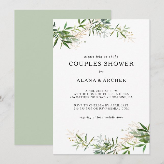 Elegant Olive Greenery Couples Shower Invitation (Front/Back)