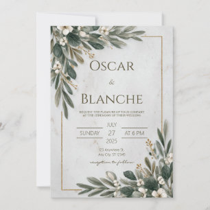 Elegant Olive Greenery Gold Frame Marble Wedding Invitation