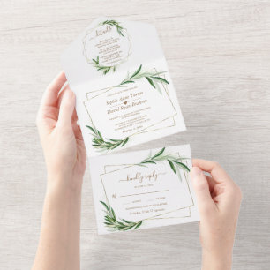Elegant Olive Greenery Gold Wedding All In One In Invitation