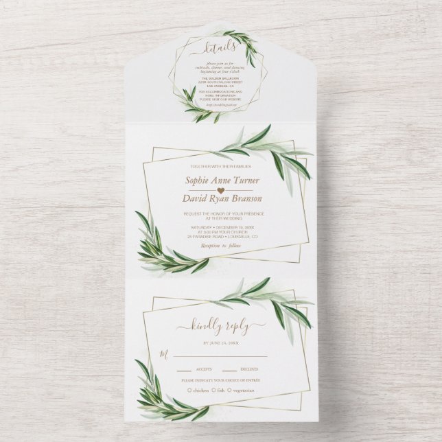Elegant Olive Greenery Gold Wedding  All In One Invitation (Inside)