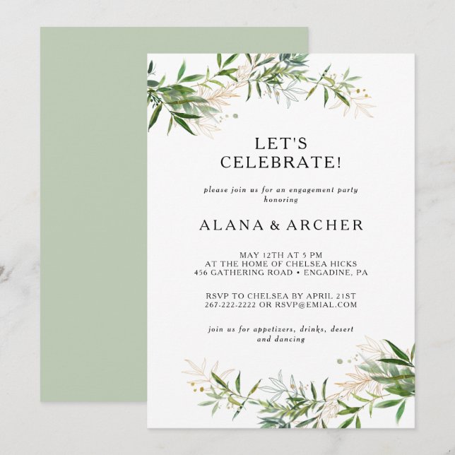 Elegant Olive Greenery Let's Celebrate Invitation (Front/Back)