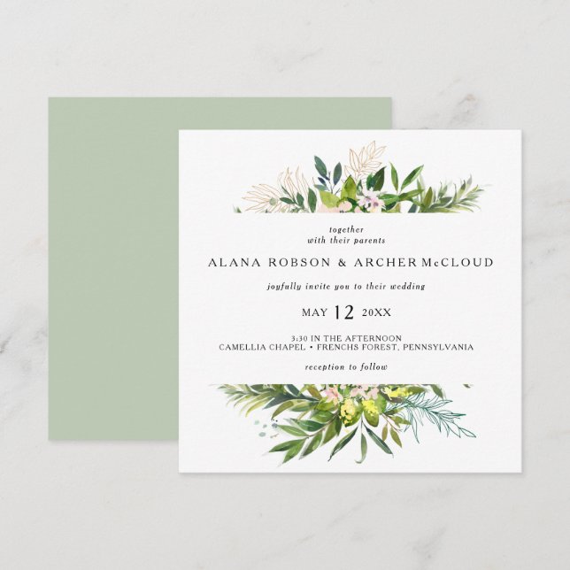 Elegant Olive Greenery Square Wedding Invitation (Front/Back)