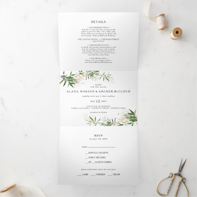 Elegant Olive Greenery Wedding All In One Tri-fold Invitation (Inside)