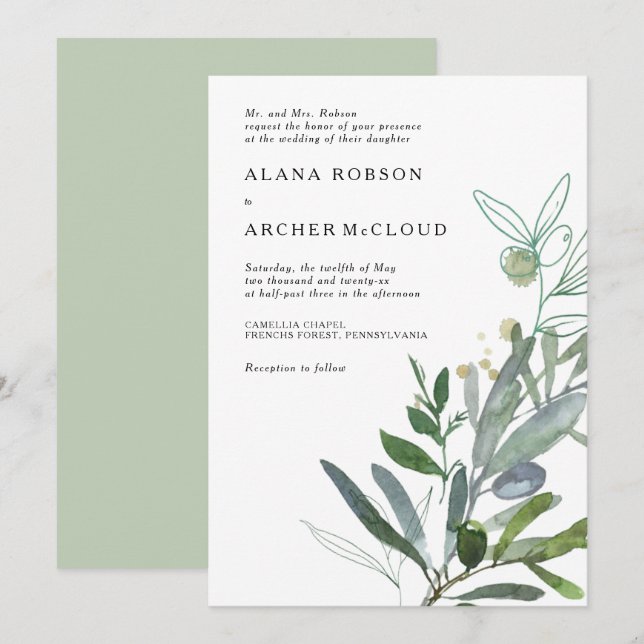 Elegant Olive Greenery Wedding Invitation (Front/Back)