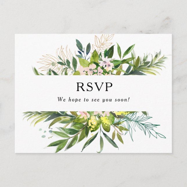Elegant Olive Greenery Wedding RSVP Postcard (Front)