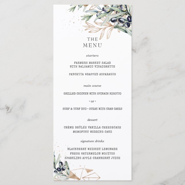 Elegant Olive Grove Greenery Gold Wedding Menu (Front)