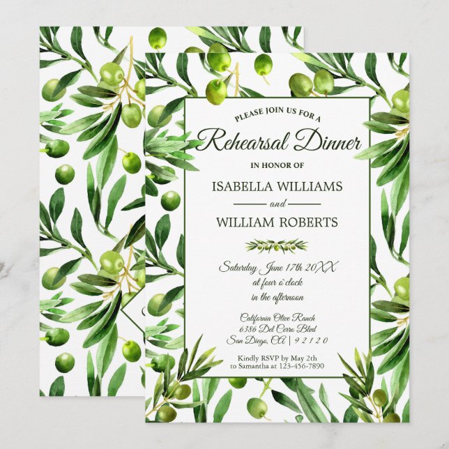 Elegant Olive Leaf Boho Garden Rehearsal Dinner Invitation (Front/Back)