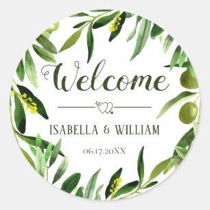 Elegant Olive Leaf Boho Garden Wedding Welcome Classic Round Sticker