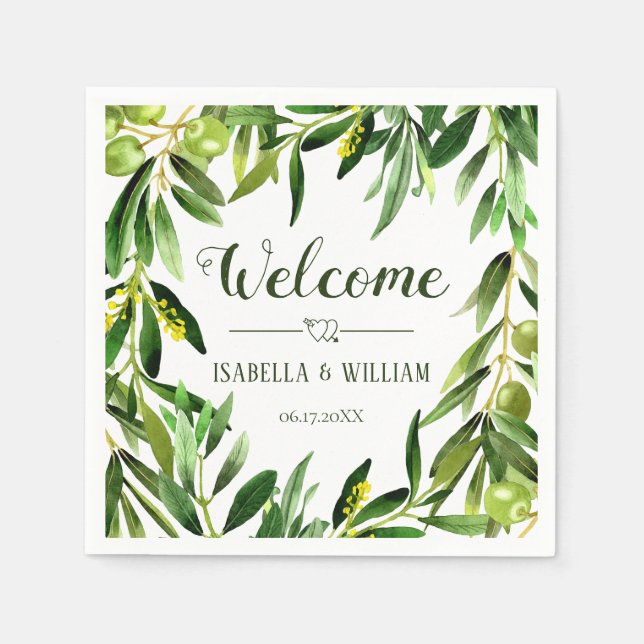 Elegant Olive Leaf Boho Garden Wedding Welcome Napkin (Front)