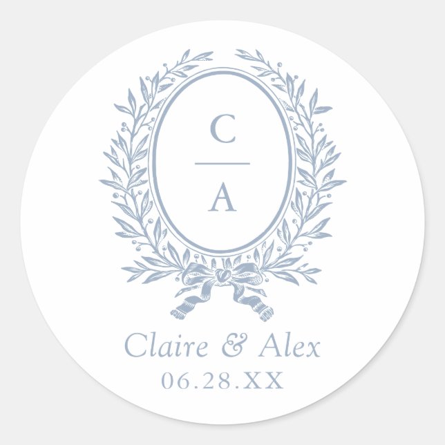 Elegant Olive Leaf Crest Blue Wedding Monogram Classic Round Sticker (Front)
