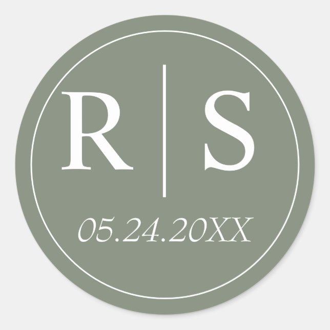 Elegant olive leaf green initials wedding classic round sticker (Front)