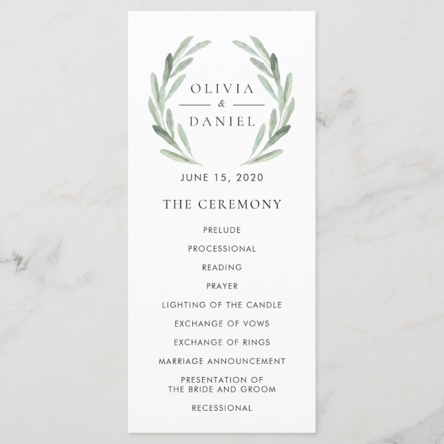 Elegant Olive Leaf Wreath Green Wedding Program Programme (Front)