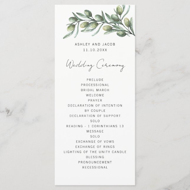 Elegant olive leaves. Garden italian wedding Programme (Front)