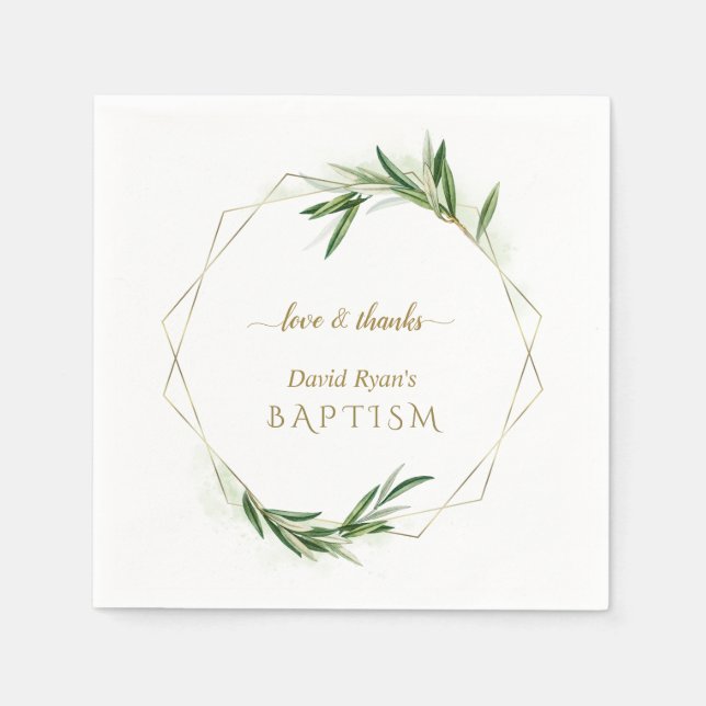 Elegant Olive Leaves Gold Boy Baptism    Napkin (Front)