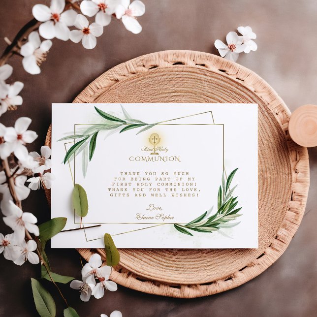 Elegant Olive Leaves Gold Boy First Holy Communion Thank You Card (Creator Uploaded)