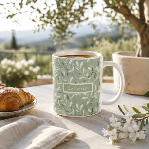 Elegant Olive Leaves Pattern Custom Name Coffee Mug