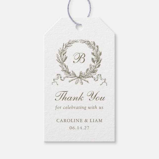 Elegant Olive Oak Crest Sage Wedding Monogram  Gift Tags (Front)