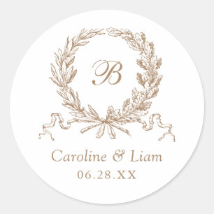 Elegant Olive Oak Wreath Gold Wedding Monogram Classic Round Sticker