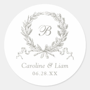 Elegant Olive Oak Wreath Grey Wedding Monogram Classic Round Sticker