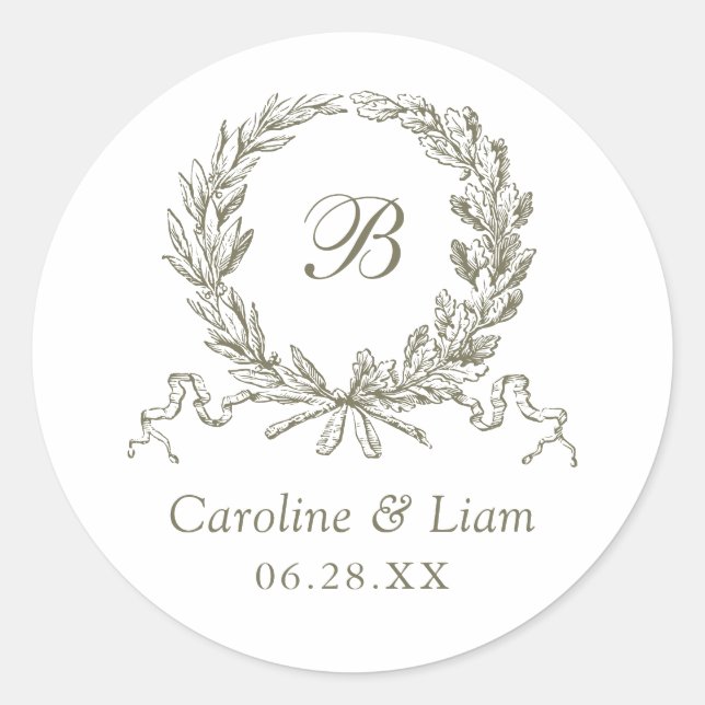 Elegant Olive Oak Wreath Sage Wedding Monogram Classic Round Sticker (Front)