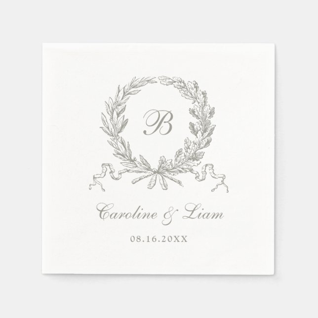 Elegant Olive Oak Wreath Vintage Wedding Monogram Napkin (Front)