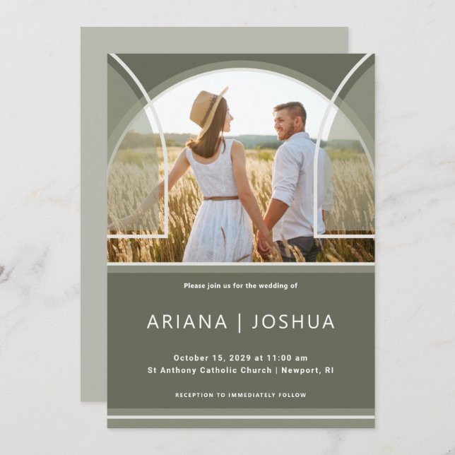 Elegant Olive Photo Arch Wedding Invitation (Front/Back)