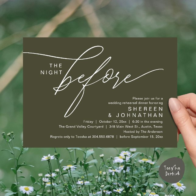 Elegant Olive Script Wedding Rehearsal Dinner Invitation (Elegant Script Wedding Rehearsal Dinner Invitation Card in Olive Green)