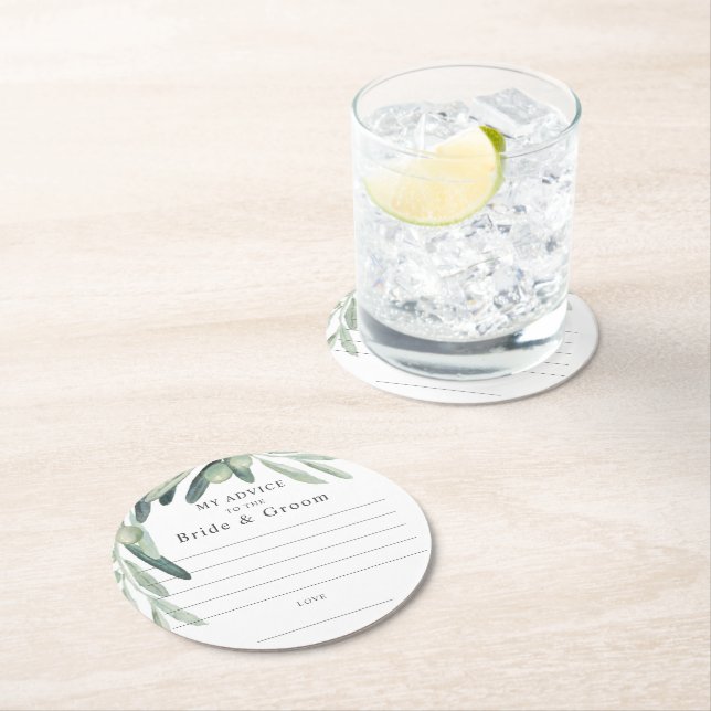 Elegant Olive Sprig Advice Bride Groom Favour Round Paper Coaster (Insitu)