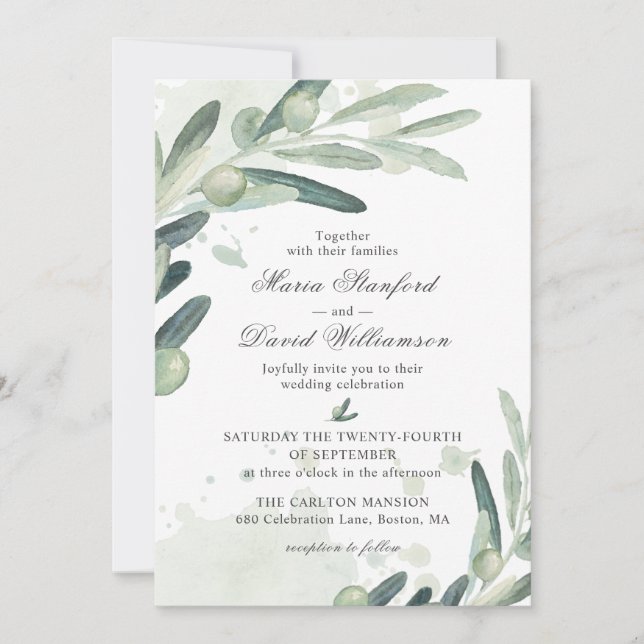 Elegant Olive Sprig Branch Greenery Wedding Invitation (Front)